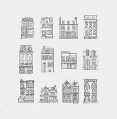Fototapeta premium Set of houses collection drawing in old fashioned vintage style with black lines on light background
