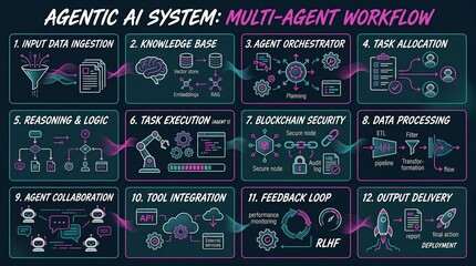 Naklejka premium Agentic AI System Multi-Agent Workflow Infographic Diagram in Neon Bento Grid Layout