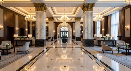 Naklejka premium Luxurious hotel lobby interior with marble pillars and elegant chandeliers