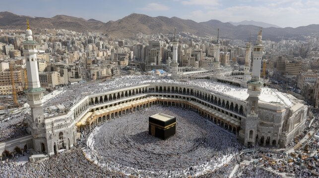 Vast Crowds Perform Tawaf Around the Kaaba in Mecca's Grand Mosque Under a Hazy Sky