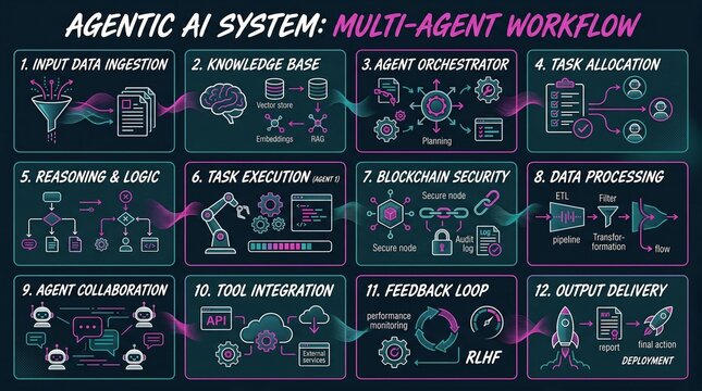 Agentic AI System Multi-Agent Workflow Infographic Diagram in Neon Bento Grid Layout