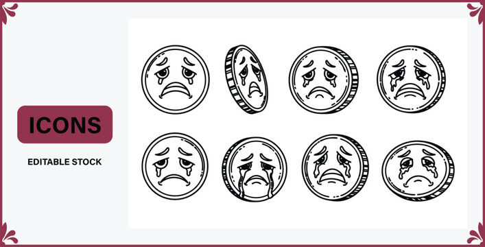 Set of sad crying coins with different expressions and angles  various emotive currency icons in black and white