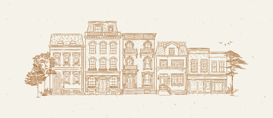Street from houses composition drawing in old fashioned vintage style with beige lines on light background © anna42f