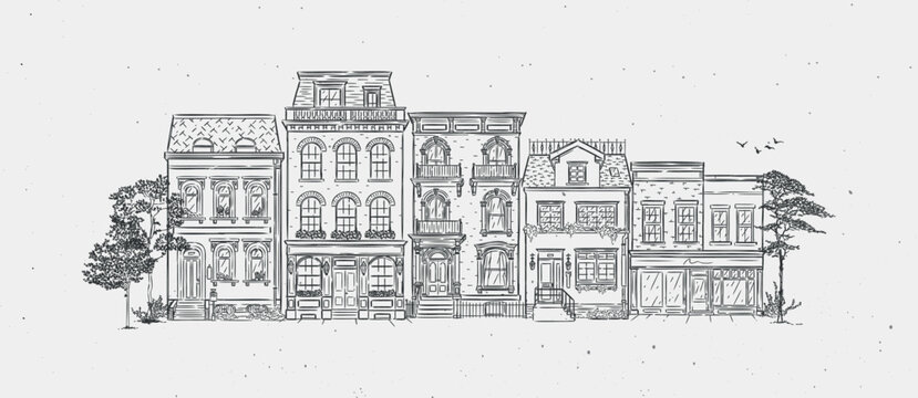 Street from houses composition drawing in old fashioned vintage style with black lines on light background