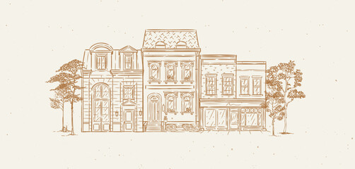 Naklejka premium Street from townhouses composition drawing in old fashioned vintage style with beige lines on light background