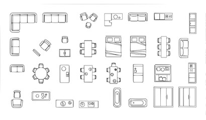 Furniture outline top view floor plan icon set thin line vector furniture symbols for interior design and architectural layout isolated on white © Joyantaroy