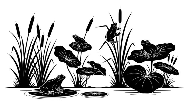 Black and white silhouette of frogs and aquatic plants in a pond scene.