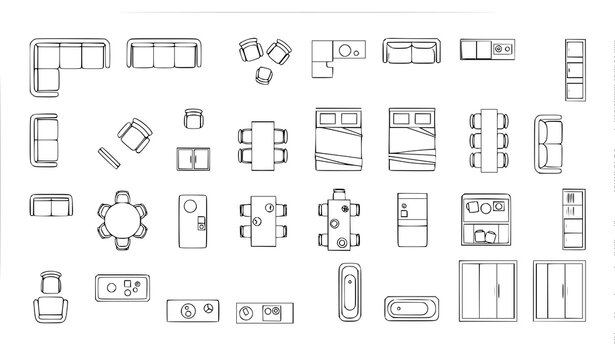 Furniture outline top view floor plan icon set thin line vector furniture symbols for interior design and architectural layout isolated on white