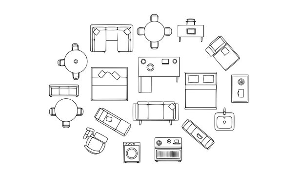 Minimal thin line furniture top view icons vector collection for floor plan interior architecture design isolated on white background