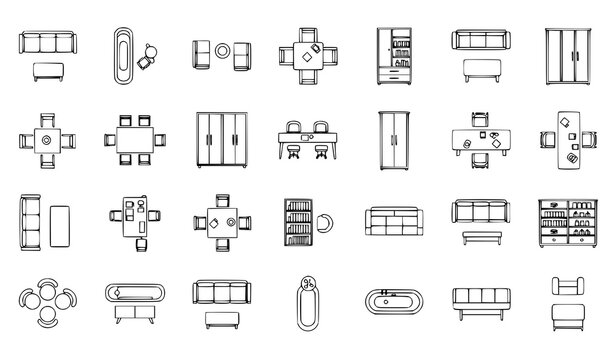 Furniture thin line top view icon set vector floor layout symbols for interior planning and architectural projects isolated on white
