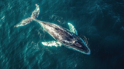 Fototapeta premium Majestic Humpback Whale Surfaces in Sun-Dappled Turquoise Ocean Waters