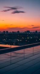 Fototapeta premium Stunning sunset view from a modern rooftop terrace overlooking the city skyline