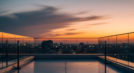 Fototapeta premium Modern rooftop terrace overlooking city skyline during golden hour
