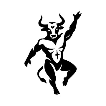 Logotipo minotauro de la leyenda griega. Dibujo sencillo del minotauro de pie: cuerpo humano con cabeza de toro.