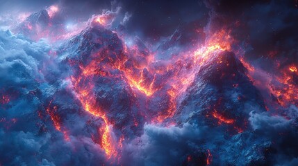 Fototapeta premium Fiery Volcanic Peaks Erupting Through Ethereal Blue Clouds Under a Starry Night Sky
