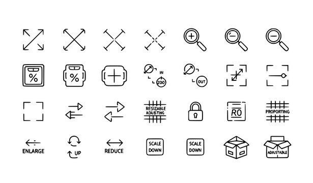 Vector scaling and resizing outline icons collection with zoom increase decrease transformation symbols