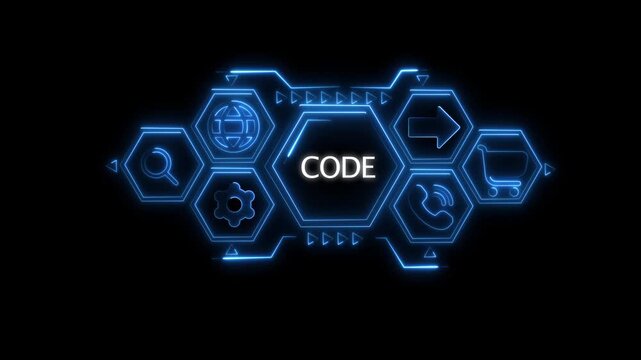 Futuristic blue neon hexagonal interface displaying the word CODE surrounded by digital for search globe gear arrow shopping cart and phone on a dark