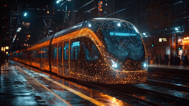 Futuristic Tram Illuminated by Glowing Data Network at Night Station, Reflecting Urban Lights on Wet Platform