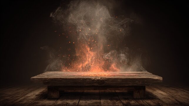Rustic Wooden Table with Ethereal Fire and Smoke Display on Dark Background