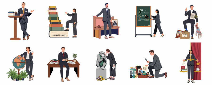 A collection of illustrations depicting professional lawyers and legal experts advocating for animal and primate rights in various courtroom and office settings.