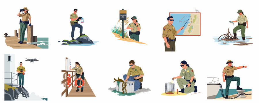 Set of flat vector illustrations featuring coastal park rangers and wildlife officers performing diverse duties for environmental protection and marine conservation.