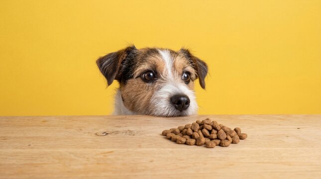 Dog craves food Cute Jack Russell gazes hungrily at kibble pile Yellow.