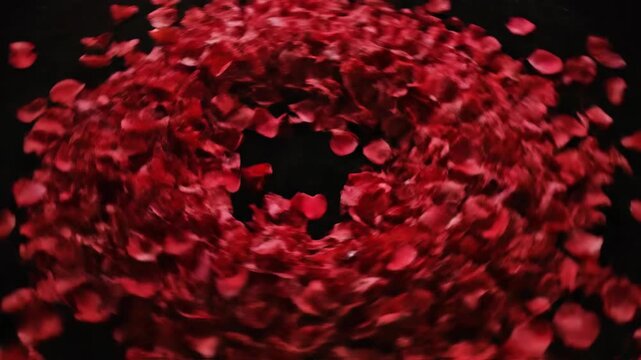 Vibrant red rose petals forming heart shape on dark background