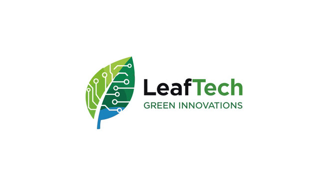 Green technology logo design with leaf and circuit board elements for sustainable innovation
