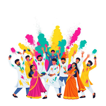 Holi Festival Celebration Vector Illustration People Dancing with Colorful Powder Joyful Indian Culture Festive Event Happy Group of Friends