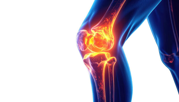 3D render of a glowing knee joint with visible inflammation and bones