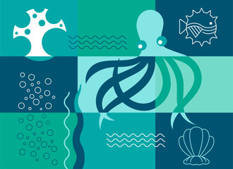 Fototapeta premium Geometric Ocean Collage with Octopus