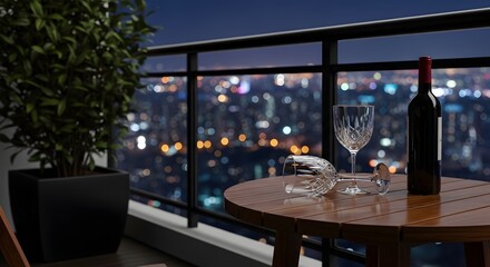 Fototapeta premium Romantic evening with wine on a balcony overlooking a blurred city skyline at night