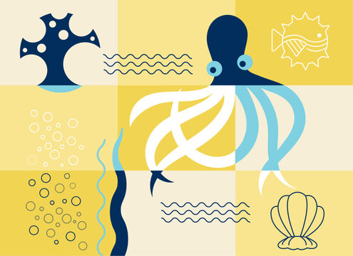 Geometric Ocean Collage with Octopus