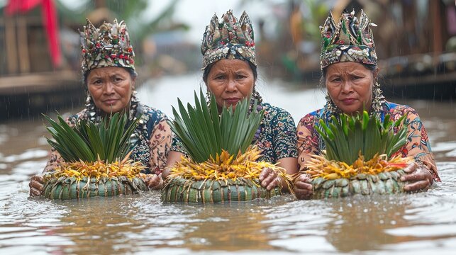 Three Indigenous Women in Elaborate Headdresses Carry Offerings Through Flooded Waters