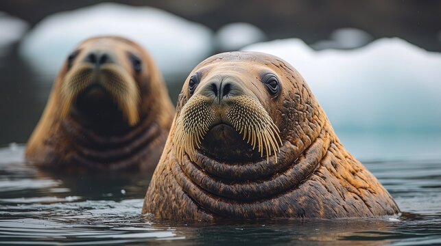 Curious Walruses Emerging from Arctic Waters, Close-Up Portrait with Detailed Texture