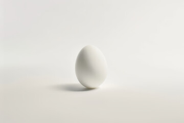 A single white egg stands alone on a clean, minimalist white background with soft shadow