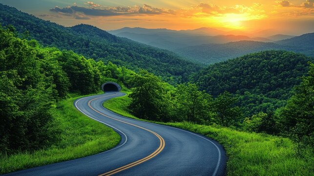 Serpentine Road Through Lush Mountains at Sunset, Tunnel Entrance