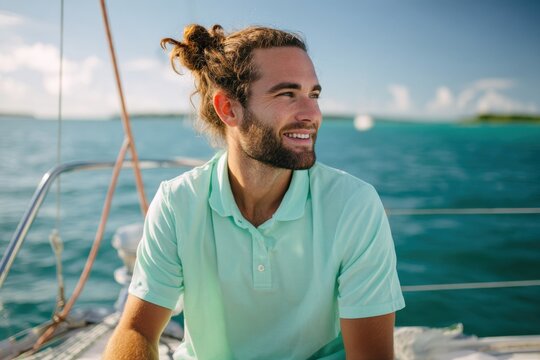 Young caucasian male adult bearded manbun mint polo shirt smiling on yacht deck with sunlit turquoise ocean and summer breeze