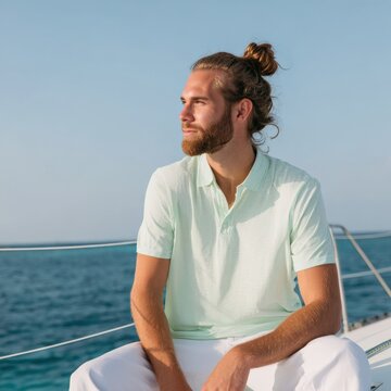 Young caucasian male adult bearded manbun mint polo shirt seated on yacht railing facing sea with clear sky and calm blue horizon