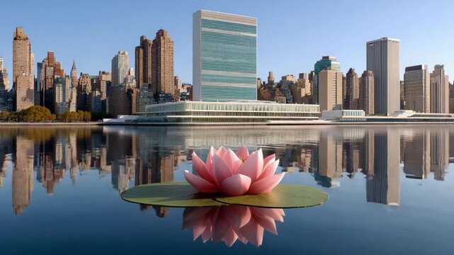A Lotus in the City: A solitary lotus flower floats serenely on the water, reflecting the cityscape behind it, creating a scene of contrast between nature and urbanity. 