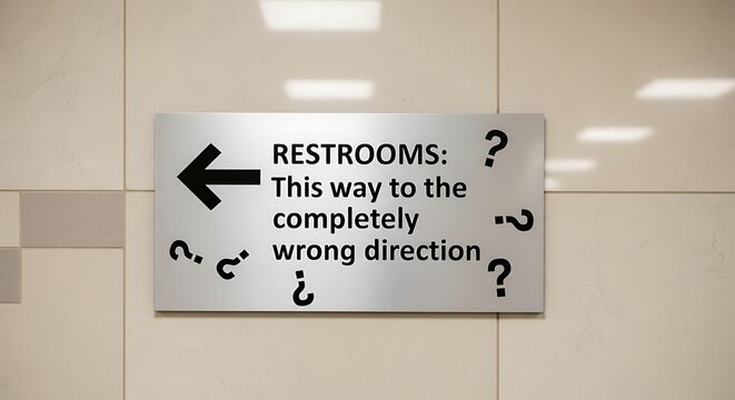 Humorous restroom sign pointing to wrong direction on tiled wall