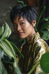 Fototapeta premium Young asian female adult side profile in gold patterned robe with pixie haircut and neck tattoo among plants
