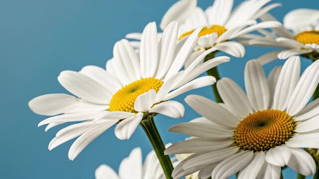 White daisies with falling petal against bright blue background