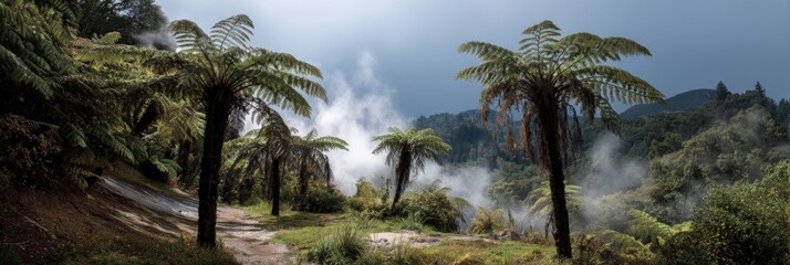 Obraz premium Misty native ferns along a geothermal trail through a lush rainforest grove with steaming vents