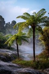 Obraz premium Steam rising over rocky stream with tall treeferns and lush vegetation creating a misty rainforest clearing
