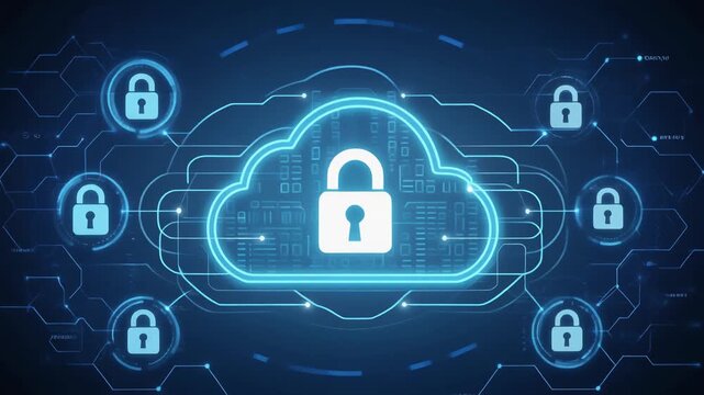 A high-tech digital concept featuring a glowing blue shield with a white padlock icon at the center. The background is a complex network of glowing blue lines, data nodes, and circular light patterns,