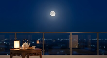 Fototapeta premium Full moon view from a balcony with tea set at night
