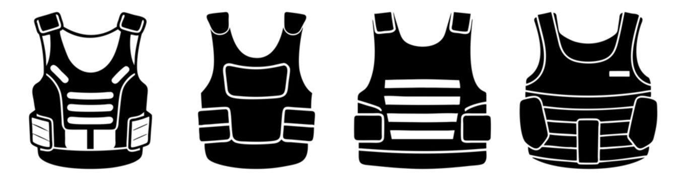Bulletproof vest collection flat design vector illustration with black, green, beige tactical gear for security and protection