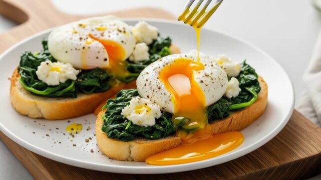 Poached eggs on spinach toast with runny yolk being cut and poured. rustic brunch breakfast plate with ricotta, pepper and olive oil drizzle, closeup.