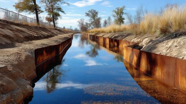 Tranquil Waterway: A captivating shot of a serene water canal gracefully winding through a landscape, with the sky reflected in the still water.